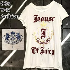 00s JUICY COUTURE Y2K Archive ジューシークチュール 半袖 Tシャツ オフホワイト クラウン 王冠 フロッキー 箔押し ゴールド プリント ゴシック グランジ ギャル セレブ 古着 short sleeve レディースLサイズのサムネイル