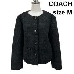 ◆ コーチ COACH ツイードジャケット ラウンドネック ノーカラー ロゴ入りボタン ラメツイード スリップポケット M 9号 レディース S6H015のサムネイル