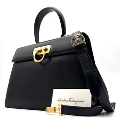美品 サルヴァトーレ フェラガモ Salvatore Ferragamo ガンチーニ 2way ハンドバッグ ショルダーバッグ ダークネイビー 紺 レザー 本革 ゴールド金具 ボーナス 夏休み 帰省 お盆 敬老の日 サマーギフトのサムネイル