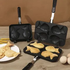 2 匹 / 3 匹/4 匹 丸型 たい焼き器 直火用 ノンスティック加工 家庭用手作り鯛焼きパン おやつ作り お子様お菓子 分離ハンドル 丸洗い OKのサムネイル
