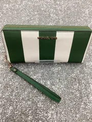 【美品】MICHAEL KORS マイケルコース 長財布 ストラップ付 グリーン×ホワイトのストライプ柄