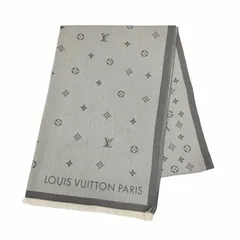 美品◇LOUIS VUITTON ルイヴィトン 2024年製 M79737 オール アバウト モノグラム コットン100％ フリンジ ストール グレー 伊製 正規品 美品◇LOUIS VUITTON ルイヴィトン 2024年製 M79737 オール アバウト