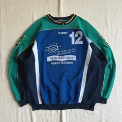 90s　vintage　ヴィンテージ古着　珍品　old hummel　ヒュンメル　両面フロッキープリント　ロゴ刺繍　配色切り替えデザイン　スウェット　トレーナー　リブライン　Y2K　ストリート　color switching×logo sweat shirtのサムネイル