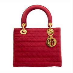 Christian Dior Lady Dior Cannage Handbag, Microfiber, CAM44550, Red, Gold Hardware, Women's [Pre-owned]