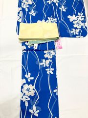 レディース 大人の浴衣単品花柄染め柄風白色紺色青色浅葱色単