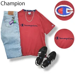 90s ヴィンテージ USA製 チャンピオン Champion 刺繍 ロゴ フェイク ダブルフェイス レイヤード Tシャツ シングルステッチ クルーネック カットソー M ワインレッド x ネイビー メンズのサムネイル