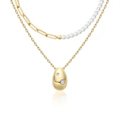 ネックレス レディース [リトルキャンディ] 金の豆 1粒 二重 ジルコニア 貝パール チェーン 非対称 シルバー S925 つやつや 首飾り 誕生日 ご褒美 ラッピング付きのサムネイル