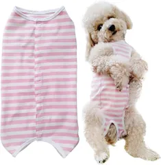PET 術後服 犬 服 犬用品 術後ウェア 術後カバー服 エリザベスカラーの代わる 保護服 雄 雌兼用 避妊 離乳 傷口保護 皮膚病 通気 夏用 小型犬 中型犬（ＸＳ、ピンクボーダー）のサムネイル
