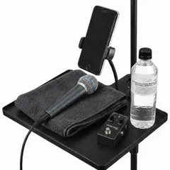 GLOFIN マイクスタンドトレイ スマホホルダー付き 26.5×20cm クランプ式 小物置き 譜面台対応 ライブ配信 演奏 練習用 ピック カポ チューナー 楽譜 スマホ 収納 ブラック [スマホホルダー付き]のサムネイル