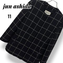Jun Ashida Coat, Collarless Jacket, Wool, Lightweight Outerwear, Fully Lined, Checkered Windowpane Pattern, Button Closure, Pockets, High-Quality, Elegant, Formal, Business, Commuting, Office, Women's Clothing, Size L [11] ST001