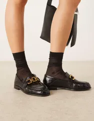 エイソス レディース シューズ スリッポン・ローファー ギャザー ローファー ASOS DESIGN Melrose chain detail ruched loafers croc BLACK PUのサムネイル