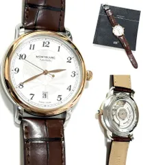 極美品　MONTBLANC　モンブラン スターレガシー オートマティック デイト 39 mm　K18 RG　ローズゴールド　公式定価579700円　時計　メンズ　レザー　自動巻き　シースルーバック　裏スケのサムネイル