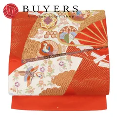 【中古】 袋帯 振袖用 正絹(金銀糸除く) レッド マルチカラー 本金箔 未仕立て 扇柄 和装 呉服 和服 きもの レディース 女性