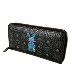 MCM (MCM Corporation) Long Wallet, Round Zipper, Black, Rabbit Print, Logo Pattern, Women's Wallet, Faux Leather, Large Capacity, Colorful Design