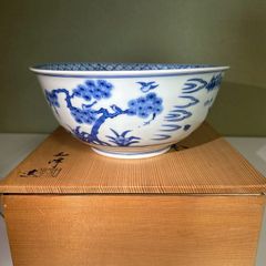 平安瑞光 鉢 高島屋特選和食器売り場 青色と赤色の陶器ボウル 木箱付き
