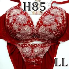 ●73[H85＆LL]Elegante魅惑的なブラジャーショーツセット  ワインレッド　オフホワイト花柄　グラデーション花柄レース　大きなカップサイズ　新品未使用のサムネイル