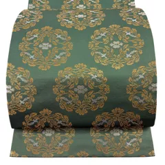 【美品】 袋帯 逸品 龍村晋 落款 天平花葉丸文錦 箔 緑 全通 正絹 【中古】のサムネイル