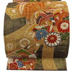 袋帯 秀品 振袖向き 熨斗 花鳥 唐織 金糸 金色 六通 正絹 【中古】