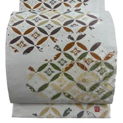 袋帯 秀品 落款 松井青々監修 花 七宝繋ぎ 金糸 箔 灰色 六通 正絹 【中古】のサムネイル