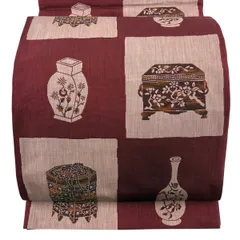 【美品】 袋帯 秀品 木屋太 落款 紬地 器物文 えんじ色 六通 正絹 【中古】のサムネイル