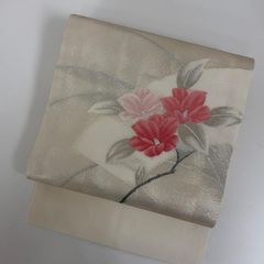 夏名古屋帯】手描きの夏椿が咲く｜ラメ輝く白地の涼やか帯 Obi/Vintage