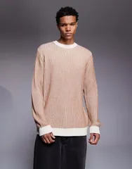 エイソス メンズ アウター ニット・セーター クルーネック セーター ニット ASOS DESIGN relaxed knit plated rib crew neck sweater in stonのサムネイル