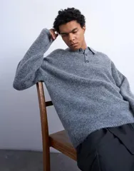 トップマン メンズ トップス ポロシャツ オーバーサイズフィット ニット Topman oversized fit knit polo shirt in charcoal チャコールのサムネイル
