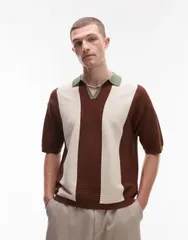 トップマン メンズ トップス ポロシャツ ニット Topman color block knit camp collar polo shirt in sage neutral Sageneutralのサムネイル