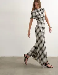 トップショップ レディース トップス ワンピース アシンメトリー プリント マキシ Topshop asymmetric tucked side maxi dress and white plaidのサムネイル