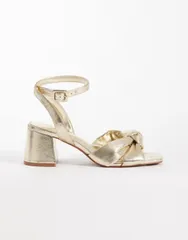 エイソス レディース シューズ サンダル ヒール ASOS DESIGN Hugo knot detailing mid block heel sandals in warm BRONZE ゴールドのサムネイル