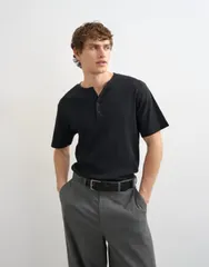 トップマン メンズ トップス ポロシャツ リブ Tシャツ Topman classic fit ribbed henley Tshirt Black ブラックのサムネイル