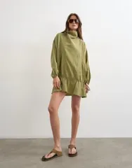 トップショップ レディース トップス ワンピースタンドネック ミニ Topshop cupro funnel neck dropped waist long sleeve mini dress Khaのサムネイル