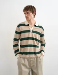 トップマン メンズ トップス ポロシャツ ウール クロップド Topman relaxed cropped wool mix long sleeve rugby polo shirt in stoneのサムネイル