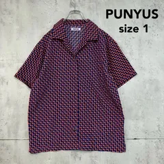 PUNYUS プニュズ 1サイズ ネイビー 幾何学模様 半袖シャツ オープンカラー 開襟シャツ 総柄 シャツ カジュアル トップス インパクト 個性的 ストリート 古着MIX モード 派手柄 ユニーク デザインシャツ 薄手 重ね着 コーデ ★ ■◆のサムネイル