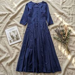 Velnica ヴェルニカ ロングワンピース 七分袖 Aライン ブルー 綿100