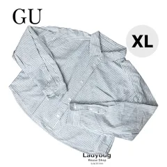GU　オックスフォードストライプショートシャツ　レギュラーカラー長袖ストライプシャツ　クロップドシャツ　ライトグレー　ホワイト　XL　大きいサイズレディースのサムネイル
