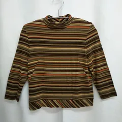 M1-03771 【Women】 Liliane Burty (リリアンビューティー) モックネック 長袖 肩パット付きカットソー (S) / 茶×オレンジ×ベージュ ボーダー ボタンに欠け K-春秋のサムネイル