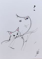 Original artwork #568: Female figure, cat, watercolor painting, drawing, interior art, illustration, picture.