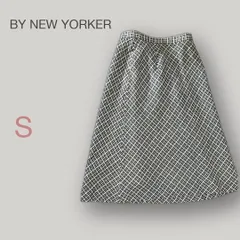 ◆バイニューヨーカー【S】ロングスカート チェック柄 Aライン ミモレ丈 コットン混 裏地付き 日本製 ネイビー×ベージュのサムネイル