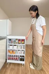 #2952 8tail キッチン ワゴン ホワイト ロータイプ 落下止めのストッパー付き 取り外し自由 壁があるので物が落ちにくい 棚3つの高さ 15段階 調整可能 幅20cm × 奥行60cm ※一部地域離島別途配送料有