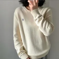 S級 ポロ ラルフローレン アイボリー コットン ニット L (ネイビー ポニー/ユニセックス)