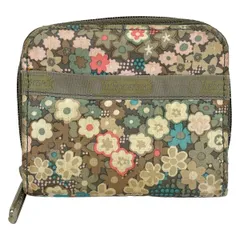 LESPORTSAC(レスポートサック) 2つ折り財布 - ダークグリーン×アイボリー×マルチ 花柄/ラウンドファスナー