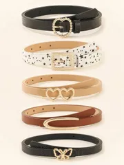 アクセサリー レディース ベルト 5個セット ブラックレザーベルト、蝶とハート型合金バックル付き白レザーベルト、字型バックルスキニーウエストベルト、エレガントでファッショナブルなデザイン、カジュアル、仕事、ギフト、秋、ハロウィンなど幅広く使えます