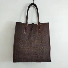 UNITED ARROWS ユナイテッドアローズ HARRIS TWEED ハリスツイード コラボ スクエア型 レザー切替 英国生地 ツイード チェック ブラウン F673のサムネイル