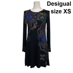 ◇ デシグアル Desigual ミニ丈ワンピース 長袖 ラウンドネック Aライン ペイズリー柄 ビジュー 黒 マルチカラー XS 5号 レディース S6F659のサムネイル