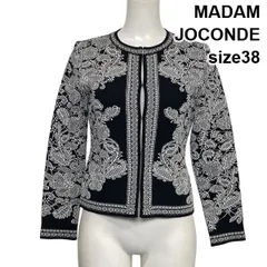 ◆ マダムジョコンダ MADAM JOCONDE ノーカラージャケット 長袖 クルーネック ボタニカル柄 黒 白 モノトーン 38 M 9号 レディース S6H068のサムネイル