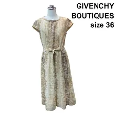 ●□ ジバンシー Givenchy フレアワンピース フレンチスリーブ ミモレ丈 ウエストリボン 花柄 ベージュ系 綿混 36 S 7号 レディース Z6D225のサムネイル