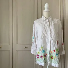 (72) 花柄 総柄 刺繍 長袖 ブラウス シャツ トップス　レディース　blouse　shirt　Tops　ladies　リネン　麻　LINENのサムネイル
