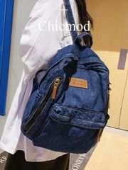 Women's Backpack, Letter Patch Zipper Backpack, Washed Lightweight Denim Backpack, Fashionable Solid Color Outdoor Commuting Daypack, Large Capacity Laptop Bag, College Style Multi-Use School Bag