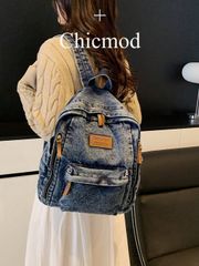 Women's Backpack, Letter Patch Zip Backpack, Washed Lightweight Denim Backpack, Stylish Plain Outdoor Commuting Daypack, Large Capacity Laptop Bag, Preppy Multi-purpose School Bag for Middle and High School Students